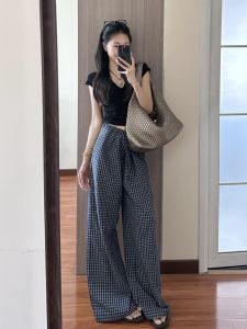 Quần Ống Rộng Kẻ Caro Cạp Thấp Dáng Rộng Dài Thường Ngày Cho Nữ Mùa Hè 2025 Quần Dài Rộng Rãi Thoải Mái