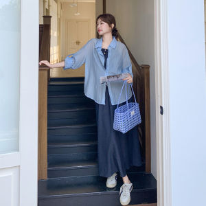 Korean Style High Quality Denim Set Womens Spring Summer New Shirt Strap Mini Skirt Three Piece Set Long Sleeve Polo Collar