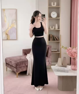 Set áo croptop cổ vuông sát nách kèm chân váy đuôi cá KVYBODY S64 chất thun cotton borip lụa đày dặn co giãn