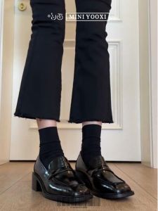 British Style Womens Leather Shoes mid Heel Black Flats Fashionable Spring Summer High Sensation Thick Heel Single Shoes