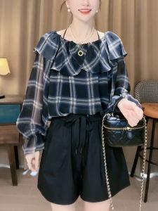 SHUAIYUE | Flounce Neck Off Shoulder Gingham Long Sleeve Chiffon Shirt