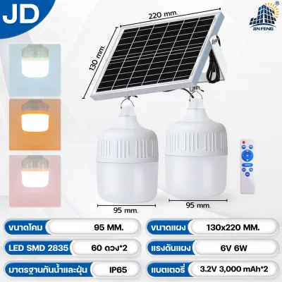 JD-P 【รับประกัน1ปี】โซล่าเซลล์ ไฟตุ้ม3สี ไฟตั้งแคมป์ หลอดไฟโซล่าเซลล์ AW-200-1000w เปิด-ปิด อัตโนมัติ แบตนาน48ชั่วโมง