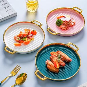 INMINDHOUSE Mangkuk Saji Keramik Bentuk Bulat Dengan Dua Gagang Emas Elegant