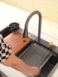 【 Free Deluxe 10-piece set 】304 Black Waterfall Sink lababo Stainless Steel Kitchen Stainless Steel sink Single sink with faucet set suitable for large kitchen vegetable sinks