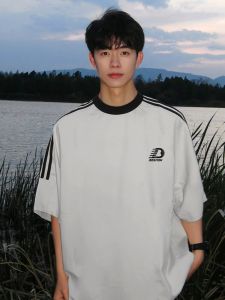 Heavyweight Pure Cotton Shoulder Sleeve Insert Short Sleeve T-Shirt Mens Summer American Loose Design Striped Body T-Shirt