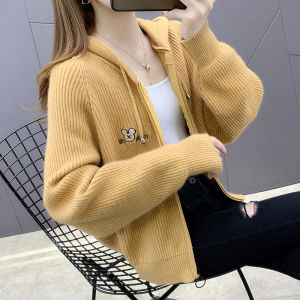 Trendy Knitted Hat Woolen Cardigan Top Womens Autumn Fashionable Zipper Long Sleeve Loose Fit Korean Style Pure Color