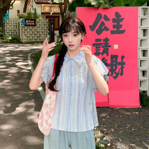 Áo Sơ Mi Nữ Tay Bồng Họa Tiết Sọc Xanh Tươi Mùa Hè Thiết Kế Độc Đáo Thời Trang Giảm Tuổi Áo Sơ Mi Thường Ngày Chất Liệu Polyester Cotton Viscose