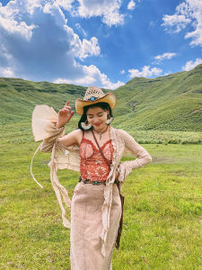 Bohemian Lace Sleeveless Short Cardigan Womens Desert Style Thin Sun Protection V-Neck Long Sleeve Tie Waist Design