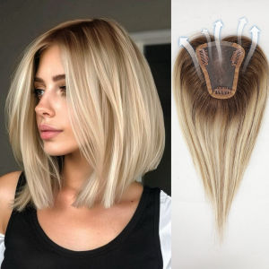 Mái Tóc Giả Ombre Nâu Khói Vàng Hoe Dài 12 Inch Với Đế Ren Mái Giữa Tóc Người Remy Kẹp Tóc Dành Cho Nữ Kiểu Balayage