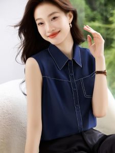 Áo Sơ Mi Chiffon Cổ Polo Mùa Hè Mới Rộng Rãi Không Tay Thanh Lịch Áo Chui Đầu Cổ Bẻ Chất Liệu Polyester Áo Chui Đầu