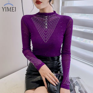 YIGE เสื้อซับในครึ่งคอสูงของผู้หญิงเสื้อเชิ๊ตผู้หญิงผ้าตาข่ายยืดหยุ่นสูงสีม่วงแฟชั่นเสื้อยืดแวววาวเพชรเกรดสูงฤดูใบไม้ร่วงและฤดูหนาว