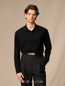 Merino Wool Seagull Collar Long Sleeve Knit Polo Shirt