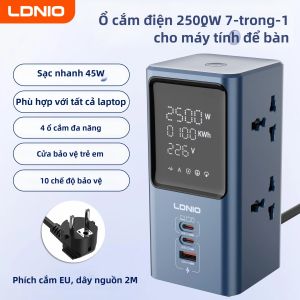 Ổ Cắm Điện Đứng LDNIO 45W Tích Hợp Sạc Nhanh QC PD USB C 4 Ổ Cắm Đa Năng Dây Nối Dài Màn Hình Hiển Thị Phích Cắm UK EU US Màu Xanh Dương