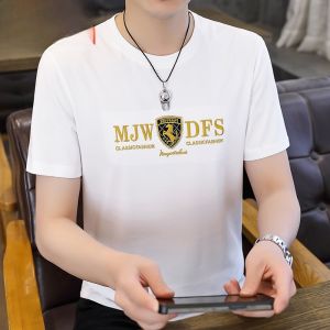 HENGYUANXIANG | Hengyuanxiang Mens Short Sleeve T-Shirt Ice Silk Cotton Round Neck Base Shirt Summer Breathable Modern Style Text Pattern