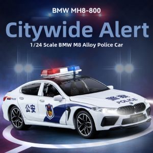 Large 1:24 BMW M8 Police Car Model for Children Metal Alloy 6-Doors Light Sound