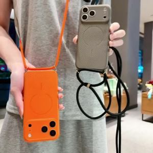 Crossbody Lanyard Carbon Fiber Pattern Soft TPU Phone Case For iPhone 17 Pro Max 16 15 14 Plus 13 12 11 Air For Magsafe Cover