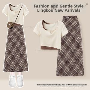 NUMEN BUTTON | Plus Size Stylish Summer Set Slimming Younger T-shirt Plaid Skirt