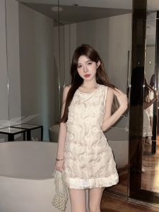 GUZILIAN | Summer French Diamond Embellished Pleated Sleeveless Vest Dress Short Elegant Ladylike Womens Fashion Mini Skirt Gown