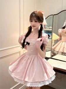 Váy Chữ a Màu Hồng Tay Bồng Cổ Vuông Cạp Cao Mùa Hè Cho Nữ Váy Midi Chữ a Dáng Rộng Cổ Điển Phong Cách Ngọt Ngào