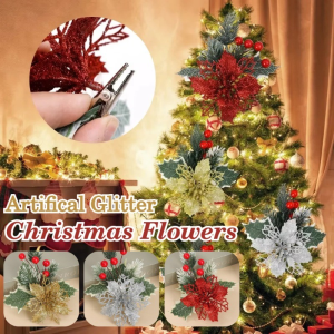 Christmas Flower Glittering Christmas Flowers Artificial Christmas Floral Fake Flower Xmas Tree Pendant Ornaments Christmas Decorations Flowers