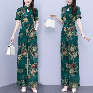 New Chinese Style Cheongsam Chiffon Wide Leg Jumpsuit Suit Womens Summer Fashion Elegant Floral Jumpsuit