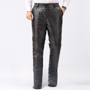 Mens Winter Thickened Fleece Lined Leather Pants Motorcycle Riding Waterproof Windproof Warm Cotton Trousers Loose plus Size