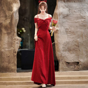 Red One-Shoulder Wedding Dress Slim-Fit Short Sleeve Long A-Line Skirt Korean Style Mid-Waist Zipper for Engagement And Wedding