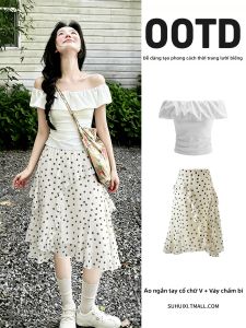SUHUIQIAN | White Off-shoulder Short Sleeve Top with Ruffled Polka Dot Skirt Summer Outfit Set