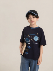 Stylish Planet Print Cotton T-Shirt Irregular Color Block Neck Short Sleeve