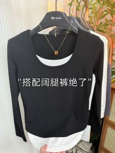 European Goods Niche Style U-Neck Long-Sleeved Fake Two-Piece Tops Female 2024 Winter Korean Style Casual Versatile Slimming Brushed Thin Velvet T-Shirt