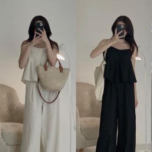 Bộ Đồ Hai Mảnh Thời Trang Mùa Hè Cho Nữ Áo Ba Lỗ Không Tay Và Quần Ống Rộng Cạp Cao Màu Trơn Giản Dị Thường Ngày