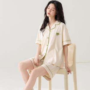 Miiow | Pure Cotton Summer Lightweight Short Sleeve Open Cardigan Sleepwear Short Pants Set For Women Breathable Comfortable Home Clothes