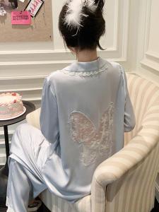 Spring Autumn Ice Silk Hollow out Long Sleeve Pants Sleepwear Womens Sweet Home Clothes Butterfly Lace Trimmable Outdoor Wear