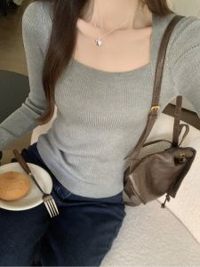 สลิมฟิต แขนยาว ถัก เสื้อฐาน Ted ผู้หญิง สี่เหลี่ยม ปกเสื้อ ฤดูใบไม้ร่วง ฤดูหนาว เสื้อตัวใน สไตล์เกาหลี เสื้อสเวตเตอร์ หลากหลาย ถัก เสื้อ