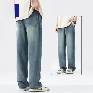 ROMON | Lormen Mens Summer Loose Straight Leg Ice Silk Thin Wide Leg Casual Long Jeans Youth Fashion Polyester Rayon Lycra Elastic