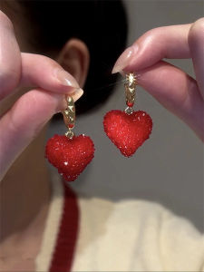 Red 3D Heart Shaped Zircon Earrings Copper Alloy Synthetic Jewelry Elegant Versatile Luxury New Year Style French Style Fashionable