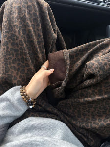 QIANCHANGNAAI | Vintage Leopard Print Flared Jeans High Waist Wide Leg Straight Cut Warm Lining