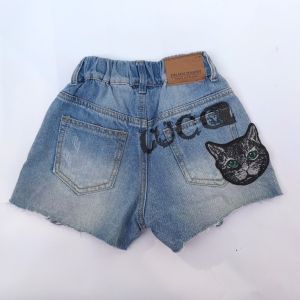 Fashionable Cat Print Elastic Waist Denim Shorts for Girls Summer Clothing Kids Jeans Versatile Frayed Hem Trendy Cat Pants