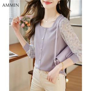 Ammin phong cách Hàn Quốc ngọt ngào thêu hoa ren rỗng tay áo bong bóng tay áo dài 2023 mùa thu mới trí tuệ thanh lịch dài tay in Họa Tiết Tay áo dài khâu giả hai cổ áo vuông Áo Blouse thanh lịch