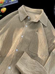 Men's Ice Silk Shirt: Summer Ruched Texture Stripes Drape Long Sleeves Trendy Fancy Shirt Sun Protection Outwear