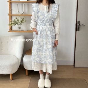 Nữ Dài Phong Cách Instagram Làm Vườn Quán Cà Phê Hoa Tạp Dề Nhà Bếp Pháp Xù Viền Mực In Bông Tạp Dề