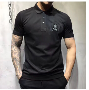 Mens Fashion Casual Short Sleeve T-Shirt Polo Shirt Skull Design Rhinestone Embellished Turn-down Collar Breathable Cotton