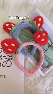 Bando Wanita Korea Motif Strawberry Bahan Bulu bandana perempuan Dewasa Motif Buah Aksesoris Bulu-Bulu Stroberi Hiasan Rambut karakter Lucu HHG