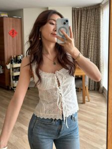 Sweet Embroidered White Lace Sling Top Short Length Summer Wear for Women 25-29 Birthday Party Slim Fit Tank Top