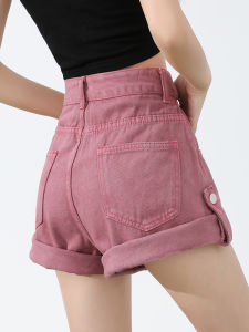 QIAOMIDUO | Summer High Waist Rasperry Pink Denim Shorts Womens Style 2024 New Trend American Sweet And Spicy Colorful Pants Design Sense