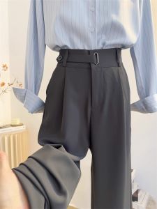 Quần Ống Rộng Cạp Cao Màu Xám Cho Nữ Mùa Thu 2025 Quần Ống Đứng Rộng Rãi Dáng Ôm Quần Tây Thường Ngày Quần Ống Rộng