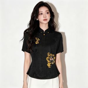 SHUAIYUE | Áo Thun Slim Fit Đa Năng Kiểu Trung Quốc Thêu Hoa