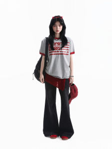 zuocisankon | Vintage Style Flag Contrast Color Loose Short Sleeve Tee Shirt Women