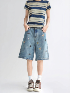 CHANT2nd | Cute Dog Embroidery Denim Shorts Mid-Length
