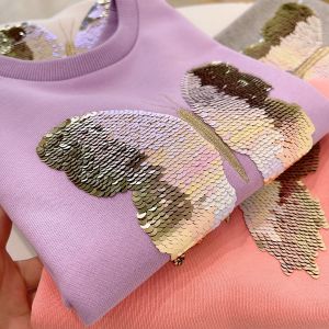 เสื้อสเวตเตอร์ไหมพรมผ้าฝ้ายแท้สำหรับเด็กเสื้อตัวในคอกลมลายผีเสื้อปักเลื่อมสำหรับเด็กหญิงเสื้อแขนยาวสำหรับเด็กวัย5-12ขวบชุดเด็ก